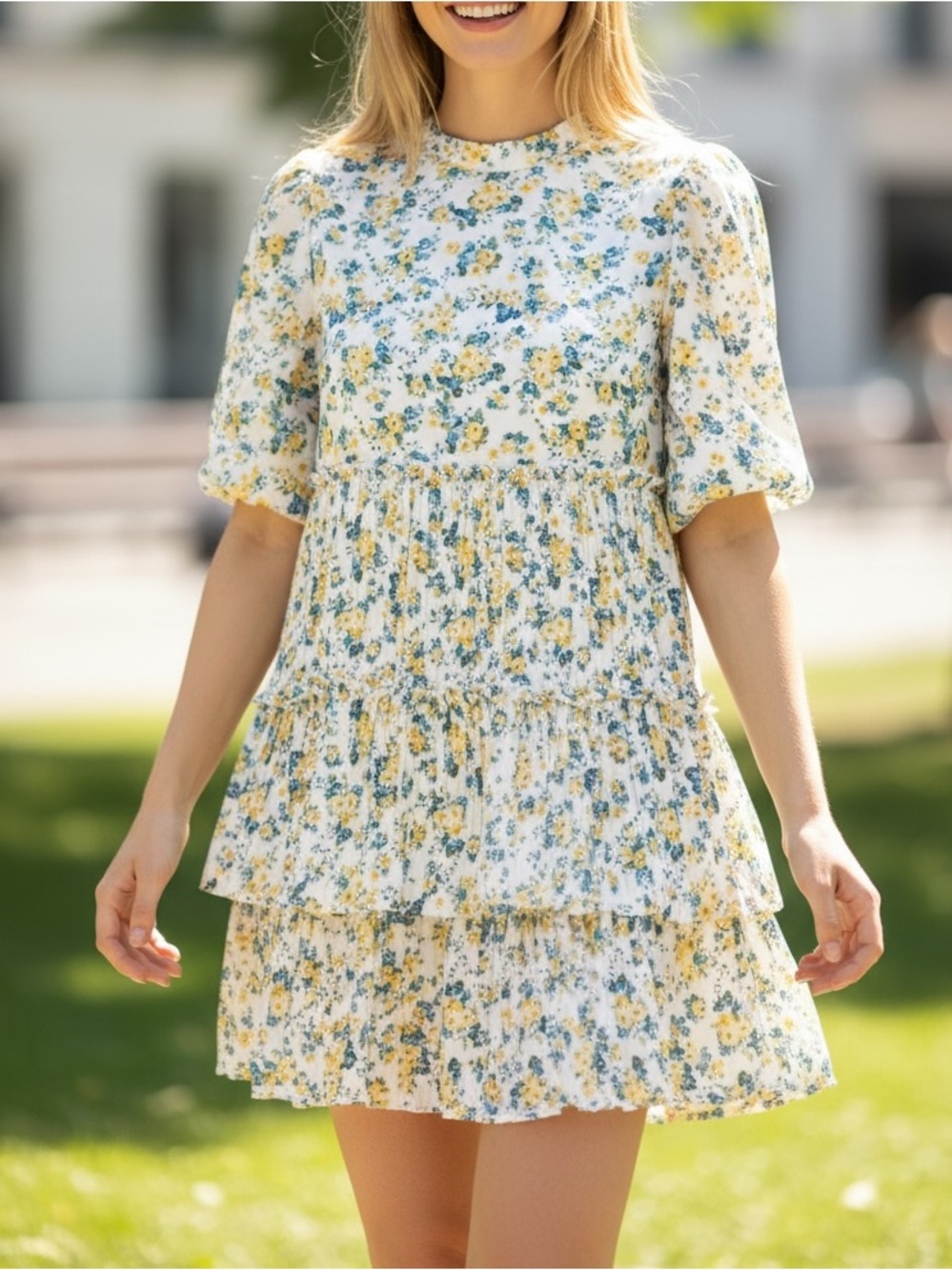 Code Mode Boho Satin Effect Yellow Blue Floral Tiered Babydoll Mini Shirt Dress
